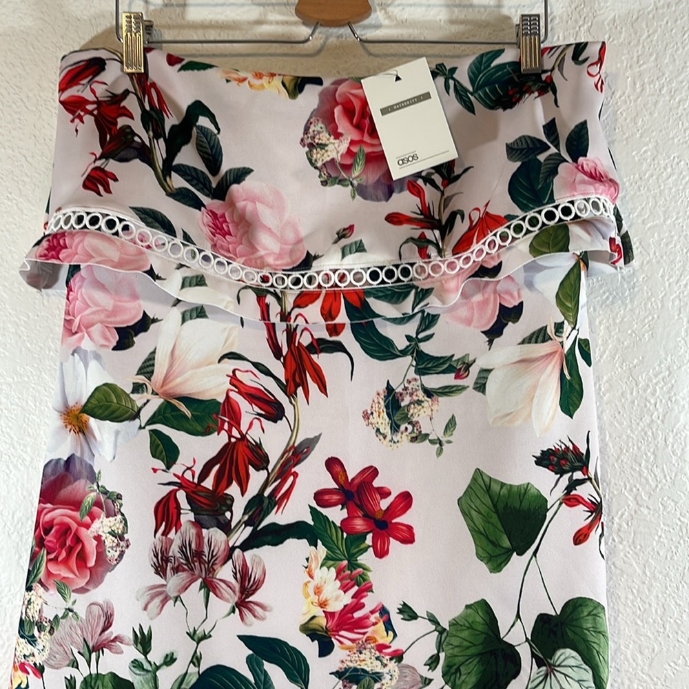 ASOS Maternity White Pink Red Floral Strapless Ruffle Maternity Dress Sz. 12 NEW - Picture 3 of 11